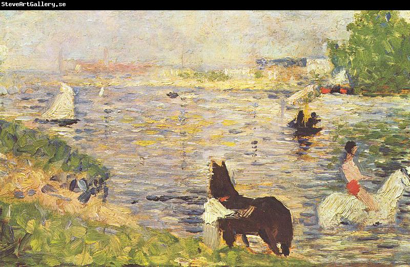 Georges Seurat Weibes und schwarzes Pferd im Flub